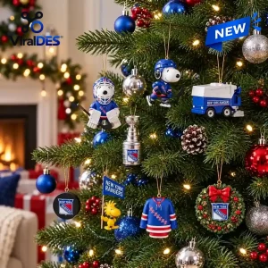 Close-up of a decorated Christmas tree featuring Snoopy hockey ornaments and sports memorabilia.
