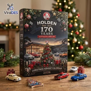 Front view of Holden 170th Anniversary 2026 Advent Calendar box with toy cars on wooden table.