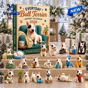 Front view of Everyday Bull Terrier Advent Calendar 2026 box with twenty-four acrylic ornaments displayed.