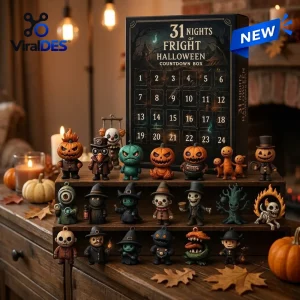 Front view of a Halloween Countdown Advent Calendar box with numbered grid doors alongside small spooky figurines on a wooden shelf.