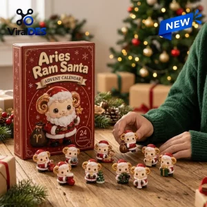 Front view of Aries Ram Santa Advent Calendar 2026 box with miniature figurines on a wooden table.