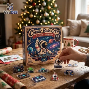 Front view of Cosmic Bass Crew Advent Calendar 2026 box with space DJ ornaments laid on a wooden table.