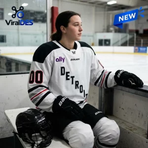 Player wearing PWHL Detroit 2026 Away Custom Hockey Jersey seated on a bench.