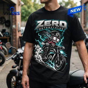 Front view of the Zero Motorcycles Halloween Shirt 2026 featuring a skeleton riding a motorcycle with electric blue lightning.