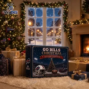 Front view of a Buffalo Bills Christmas Advent Calendar in a festive living room setting.