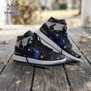 Side view of Coraline Black Cat Starry Night Air Jordan 1 Sneakers on wooden surface.