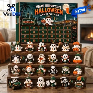 Front view of a Miami Hurricanes Halloween advent calendar box with twenty-four numbered doors and various character figurines.