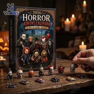 Front view of Horror Movie Advent Calendar 2026 box with figurines on a table.