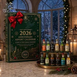 Front view of the green Jameson Irish Whiskey 2026 Anniversary Advent Calendar with red bow and whiskey bottles.