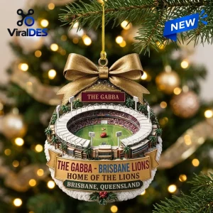 Hanging Brisbane Lions The Gabba Stadium Christmas Ornament with gold bow on tree.
