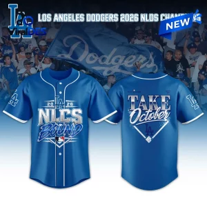 Front and back view of a blue Los Angeles Dodgers 2026 NLCS Baseball Jersey with team graphics.