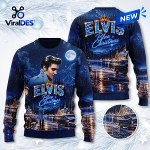 Front and back views of an Elvis Presley Blue Christmas ugly sweater featuring a winter landscape, full moon, and vintage car.