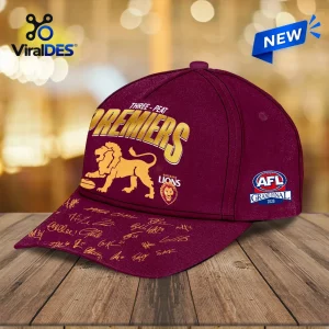 Front view of Brisbane Lions Three Peat Premiers Maroon Cap with gold lettering and signatures on the brim.