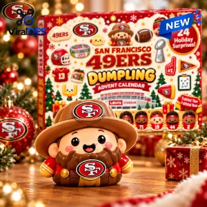 Front view of San Francisco 49ers Special Squishies Advent Calendar with mascot figure in foreground.