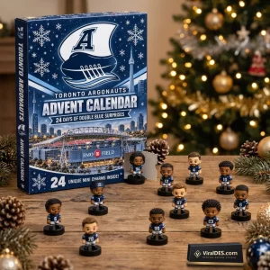 Front view of the Toronto Argonauts 2026 Advent Calendar box alongside ten small football player figurines on a wooden table.