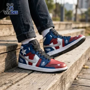 Lifestyle view of Marvel Captain America Air Jordan 1 High Top Sneakers worn on outdoor wooden steps.