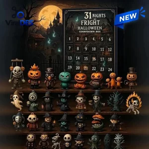 Front view of a Halloween Countdown Advent Calendar with numbered box and small figures.