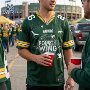 Man wearing a Green Bay Packers Fourth Wing custom football jersey in a stadium parking lot.
