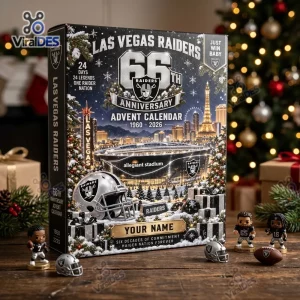 Front three-quarter view of a Las Vegas Raiders 2026 Anniversary Advent Calendar in a holiday setting.