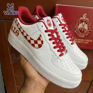 Side view of white Delta Sigma Theta Custom Air Force 1 Sneaker with red and white checkered swoosh.