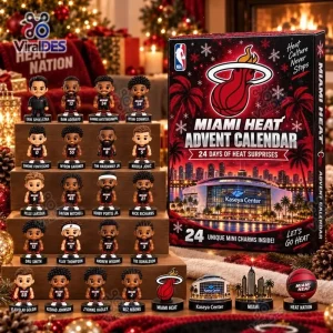 Front view of Miami Heat Basketball Advent Calendar 2026 box and miniature figurines on shelves.