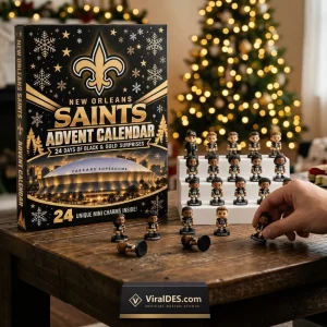 Front view of a New Orleans Saints figurine advent calendar with stadium box design and displayed mini figures on a table.