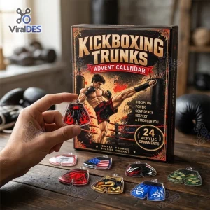 Hand holding a miniature kickboxing shorts Christmas ornament in front of an advent calendar box.