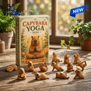 Front view of Capybara Yoga 2026 Advent Calendar box with small capybara yoga figurines displayed on a wooden table.