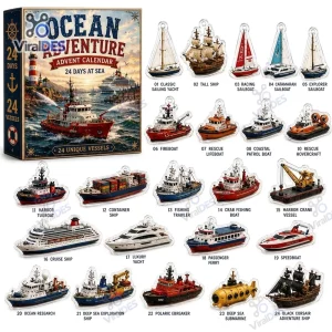 Front view of an ocean adventure ship advent calendar box next to twenty four numbered maritime miniature charms.