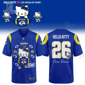Front and back view of the blue Hello Kitty x Los Angeles Rams football jersey with number twenty-six.
