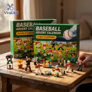 Front view of Baseball Mini Figures Advent Calendar with boxes and toy figures displayed on a wooden table.