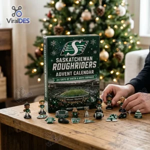 Front view of Saskatchewan Roughriders Advent Calendar box with miniature figurines and charms on a wooden table.