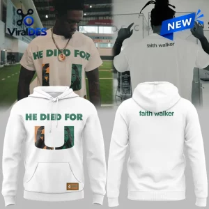 Front and back view of the Faith Walker He Died For Us White Hoodie with green lettering and graphic prints.