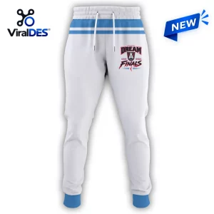Front view of white sweatpants with blue waistband, ankle cuffs, and a team finals graphic on the right hip.