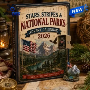 Front view of National Parks Adventure 2026 Advent Calendar box with open door revealing a bear figurine.