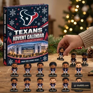 Front view of Houston Texans NFL 2026 Advent Calendar box alongside miniature player figurines on a table.