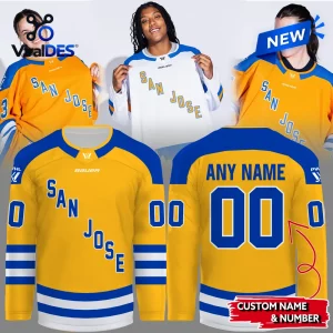 Front and back view of the PWHL San Jose 2026 Limited Edition Jersey in yellow and blue.