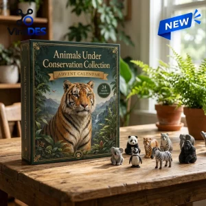 Front view of Animals Under Conservation Collection Advent Calendar 2026 box with tiger cover and animal figures on wooden table.