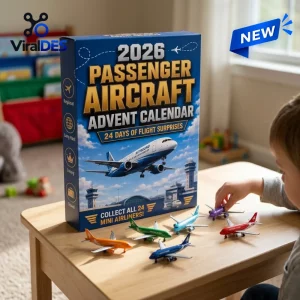 Child playing with mini airplanes next to a blue Passenger Aircraft Advent Calendar box.