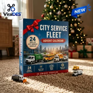 Front view of City Service Fleet Advent Calendar 2026 box with toy vehicles on carpet near Christmas tree.
