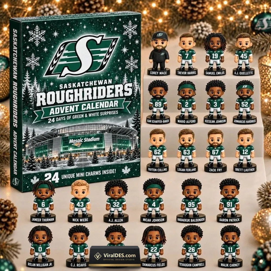 Saskatchewan Roughriders 2026 Advent Calendar collector box displayed beside all 24 miniature player and coach figurines on tiered shelves