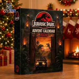 Front view of Jurassic Park 2026 Dinosaur Advent Calendar box set displayed near a decorated fireplace.