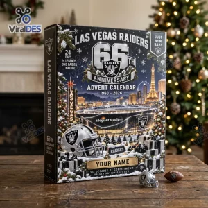 Front view of the Las Vegas Raiders 2026 Anniversary Advent Calendar on a wooden table.