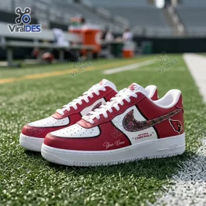Side view of Arizona Cardinals Custom Name Air Force 1 Sneakers on a turf field.