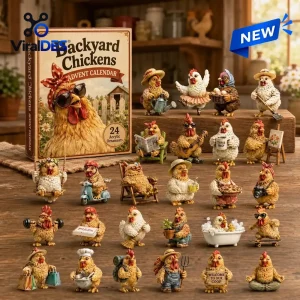 Front view of Backyard Chickens Advent Calendar 2026 box and twenty-four miniature chicken figurines.
