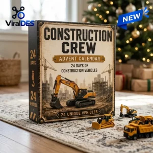 Front view of the Construction Crew Advent Calendar 2026 box with toy construction vehicles on the floor.