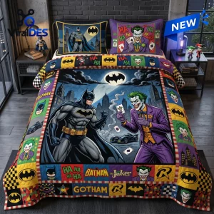 Front view of a Batman vs Joker Superhero Quilt Set featuring comic illustrations against a city skyline.