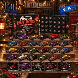 Front view of 24 Days Of Custom Hot Rods Advent Calendar with numbered boxes and toy cars.