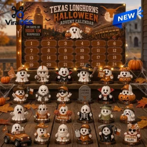 Front view of a Texas Longhorns Halloween advent calendar with numbered compartments and figurine surprises.