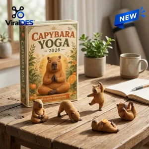 Front view of Capybara Yoga 2026 Advent Calendar box with five miniature capybara figurines on a wooden table.
